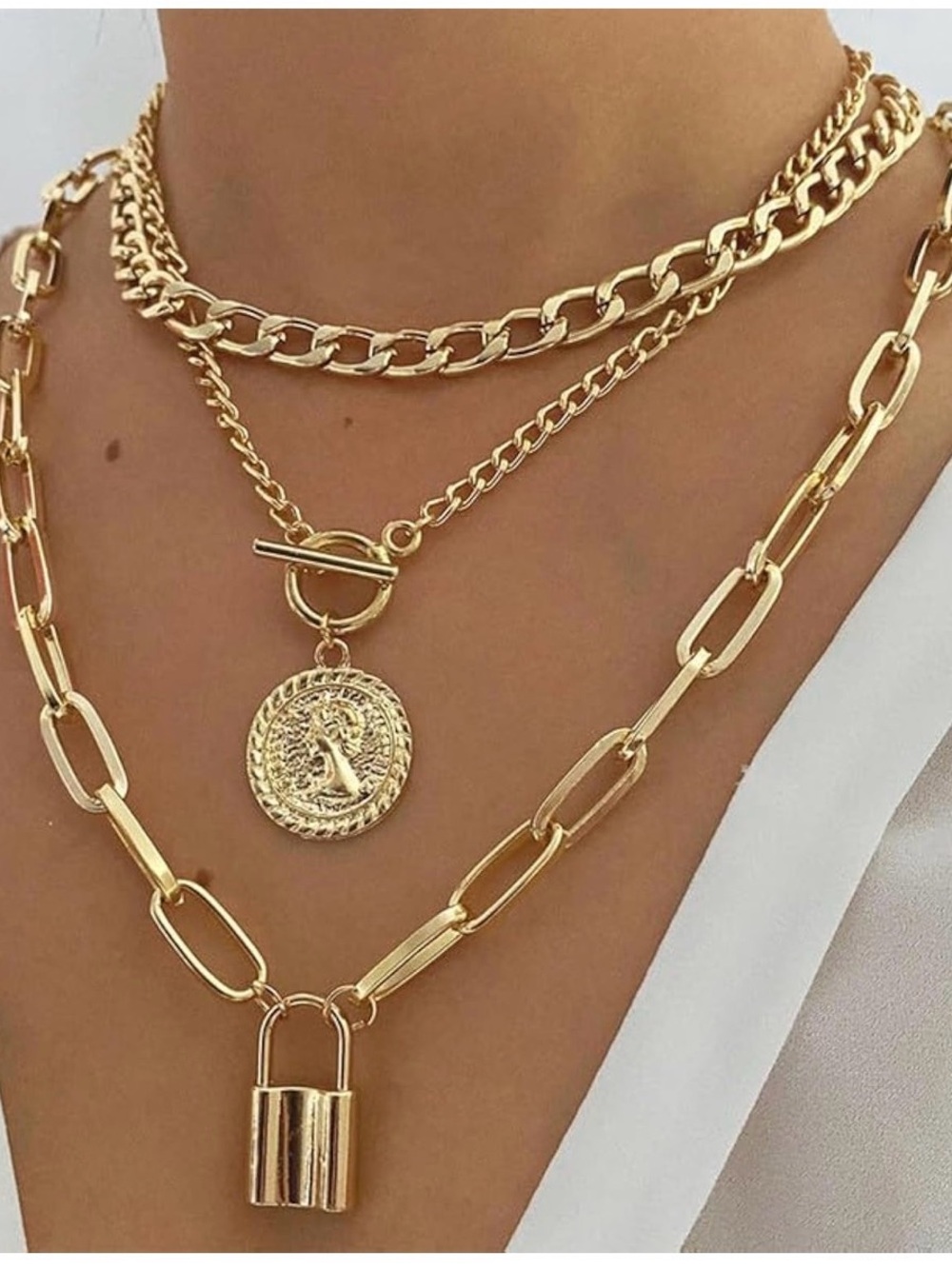 Gold Layered Padlock and Coin Pendant Necklace Set - Women Jewelry